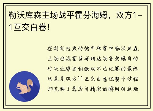 勒沃库森主场战平霍芬海姆，双方1-1互交白卷！