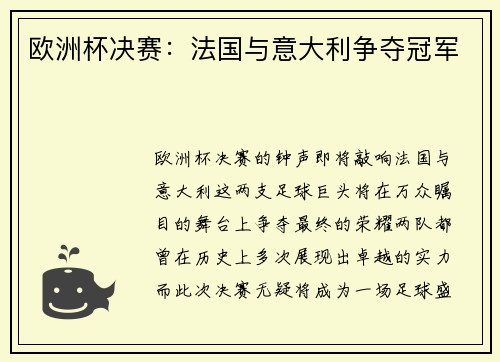 欧洲杯决赛：法国与意大利争夺冠军