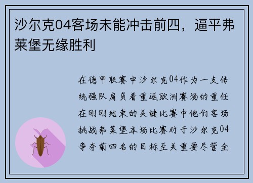沙尔克04客场未能冲击前四，逼平弗莱堡无缘胜利